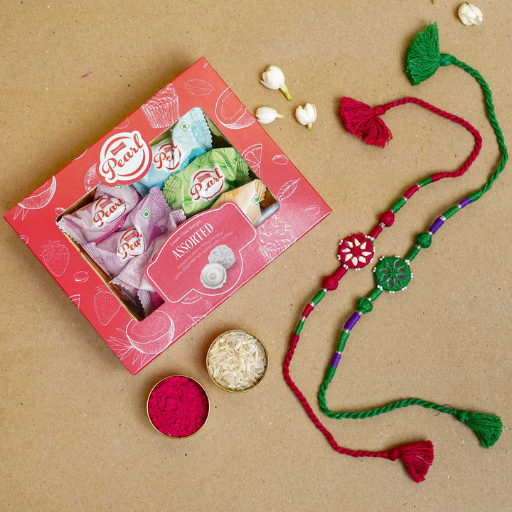 Handmade Mirror Work Patwa Maroon-Green Cotton Rakhi  With Roli Chawal | Set of 2