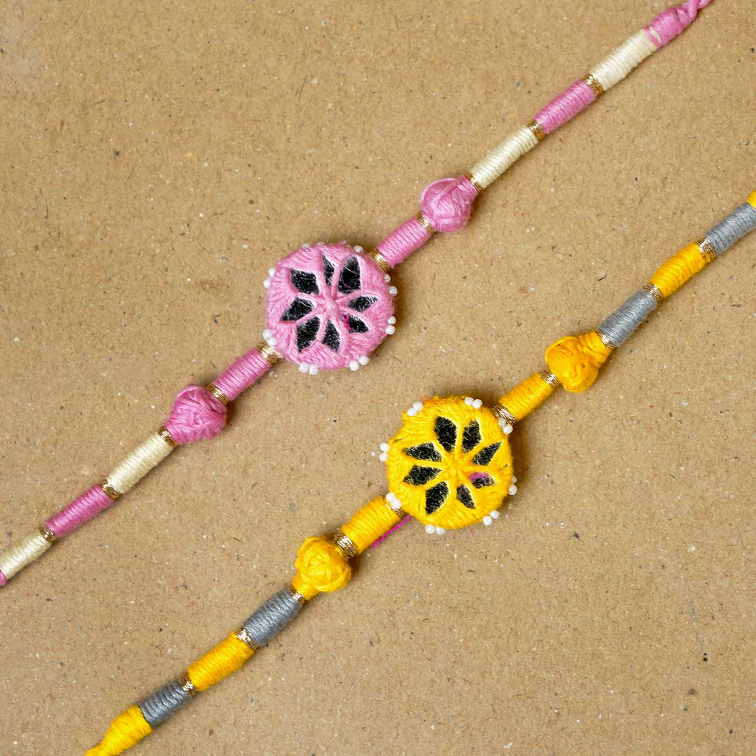 Handmade Mirror Work Patwa Pink-Yellow Cotton Rakhi  With Roli Chawal | Set of 2