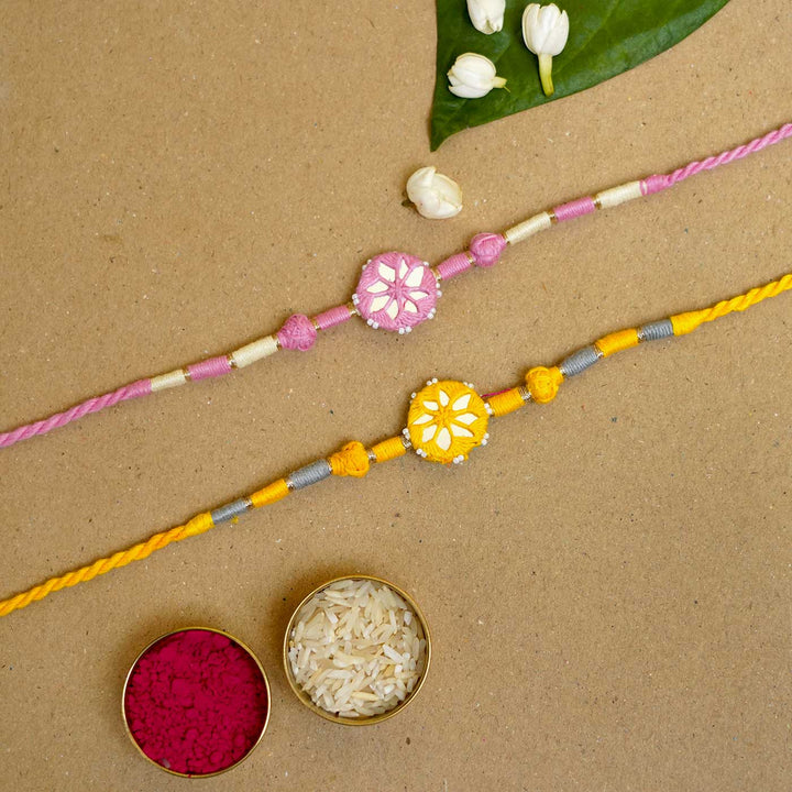 Handmade Mirror Work Patwa Pink-Yellow Cotton Rakhi  With Roli Chawal | Set of 2