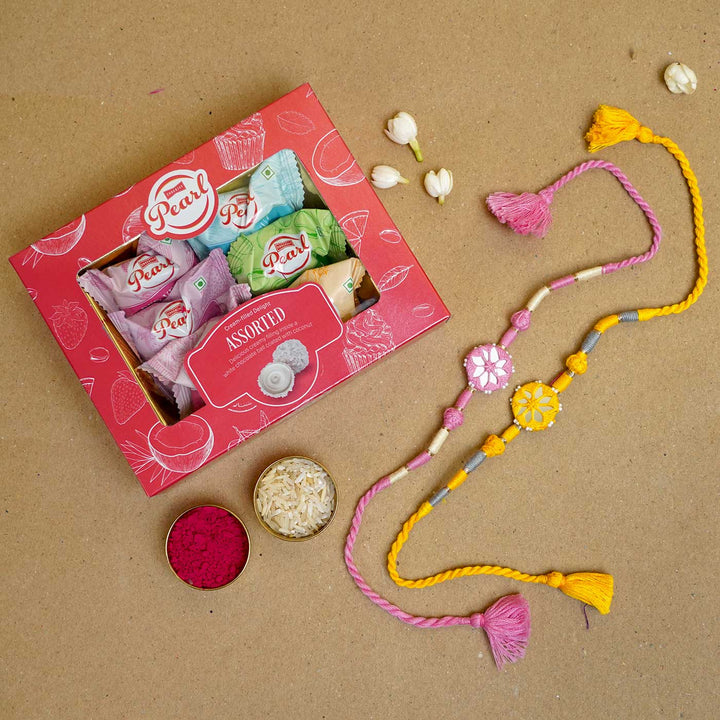Handmade Mirror Work Patwa Pink-Yellow Cotton Rakhi  With Roli Chawal | Set of 2