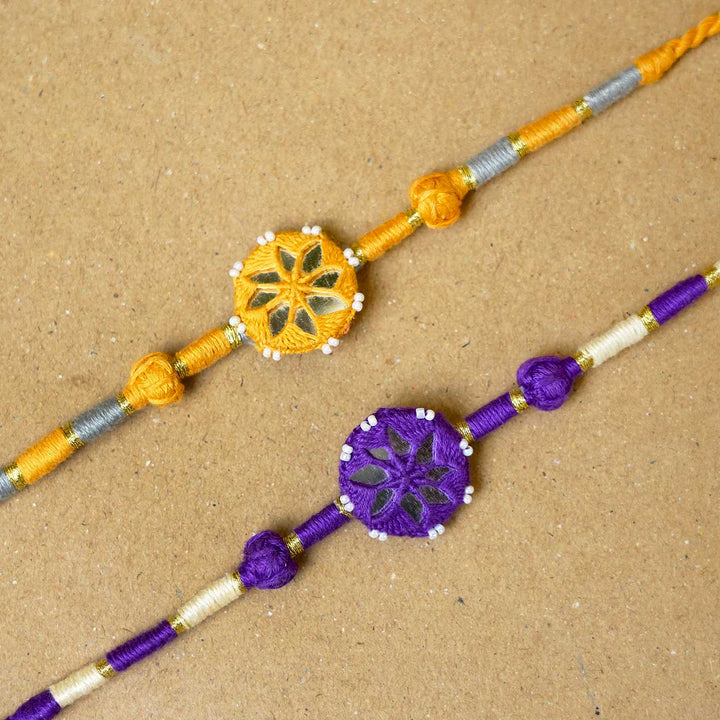 Handmade Mirror Work Patwa Purple-Yellow Cotton Rakhi  With Roli Chawal | Set of 2