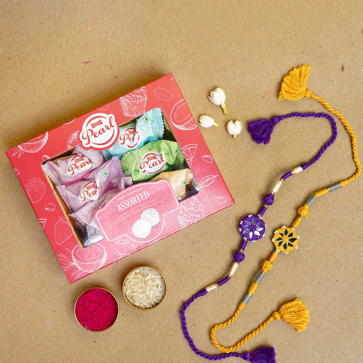 Handmade Mirror Work Patwa Purple-Yellow Cotton Rakhi  With Roli Chawal | Set of 2