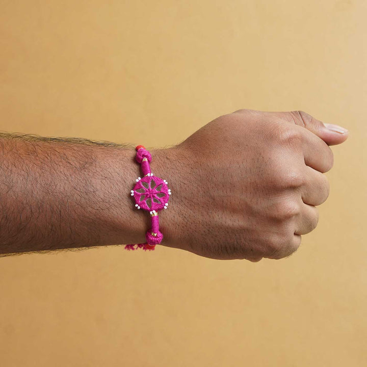 Handmade Mirror Work Patwa Turquoise Blue-Pink Cotton Rakhi  With Roli Chawal | Set of 2
