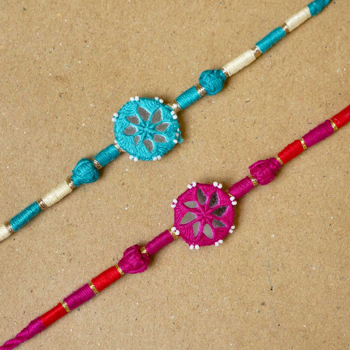 Handmade Mirror Work Patwa Turquoise Blue-Pink Cotton Rakhi  With Roli Chawal | Set of 2