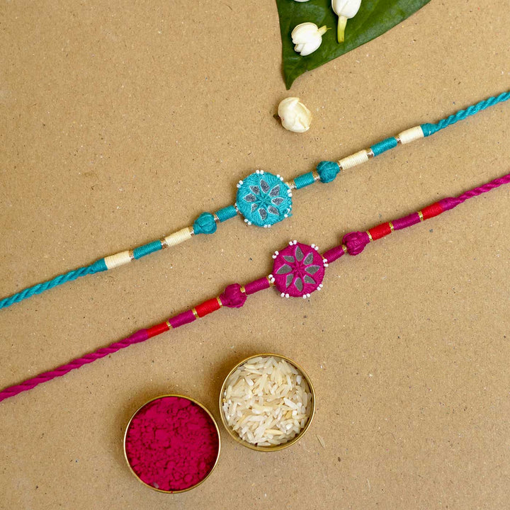 Handmade Mirror Work Patwa Turquoise Blue-Pink Cotton Rakhi  With Roli Chawal | Set of 2