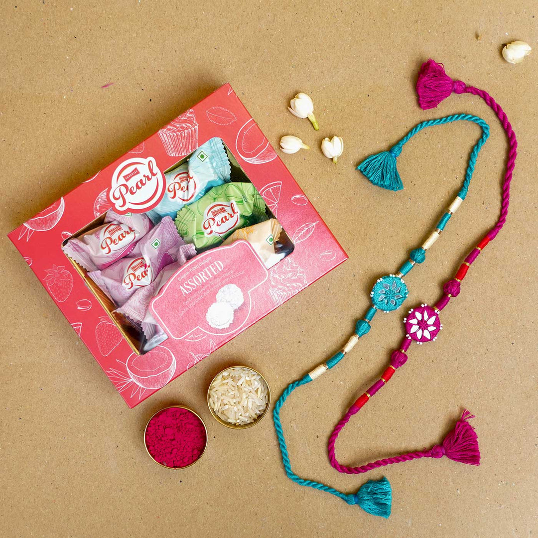Handmade Mirror Work Patwa Turquoise Blue-Pink Cotton Rakhi  With Roli Chawal | Set of 2