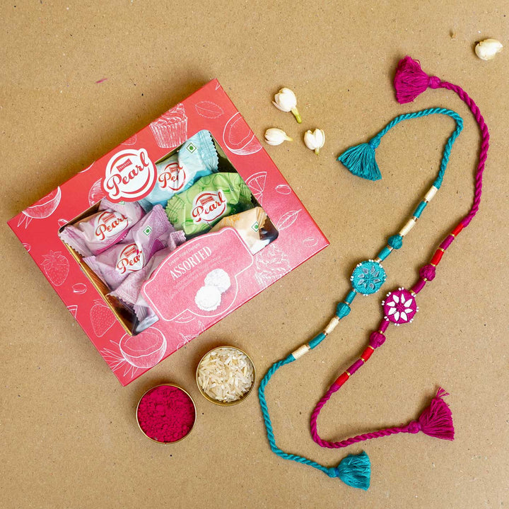 Handmade Mirror Work Patwa Turquoise Blue-Pink Cotton Rakhi  With Roli Chawal | Set of 2