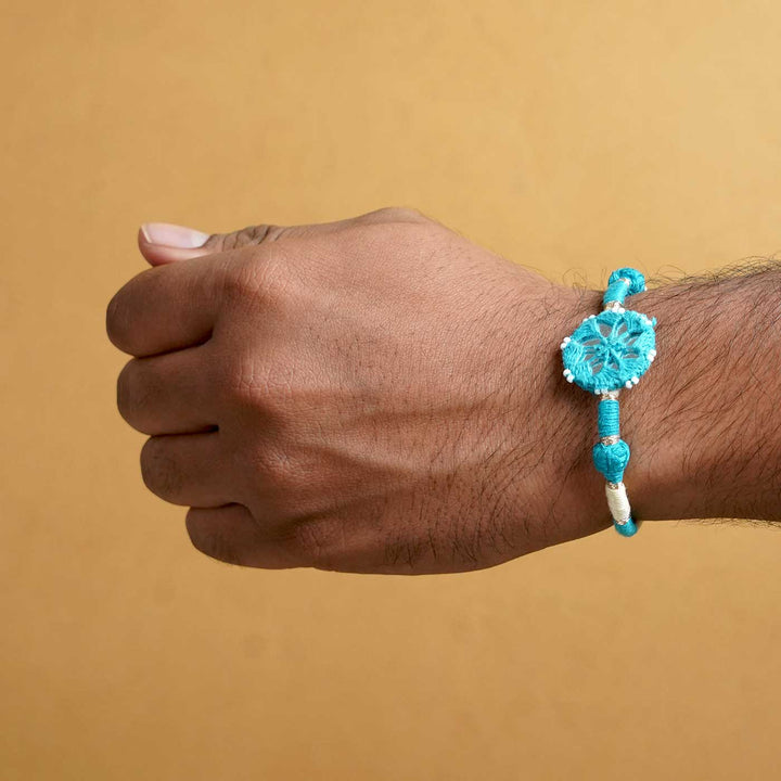 Handmade Mirror Work Patwa Turquoise Blue-Pink Cotton Rakhi  With Roli Chawal | Set of 2