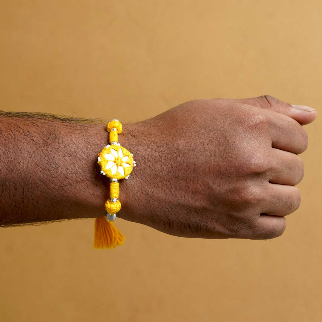 Handmade Mirror Work Patwa Pink-Yellow Cotton Rakhi  With Roli Chawal | Set of 2