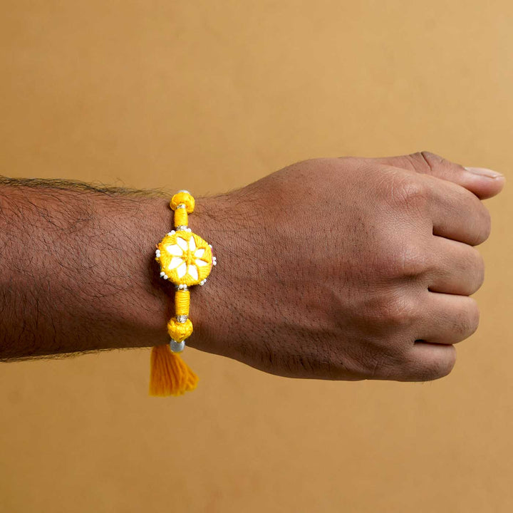 Handmade Mirror Work Patwa Pink-Yellow Cotton Rakhi  With Roli Chawal | Set of 2