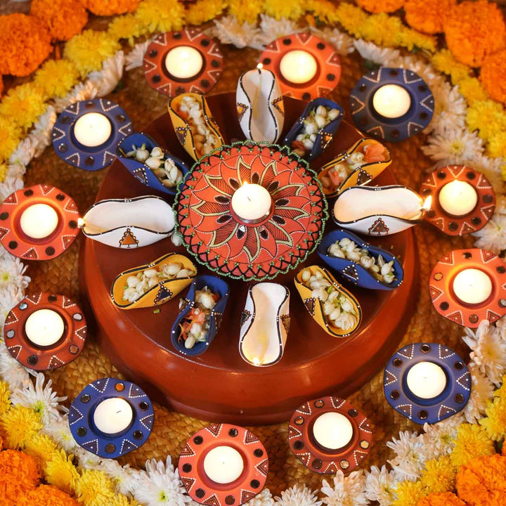 41 pc | Hand-Painted Terracotta Mirror Work Diya & Tealight Holder Rangoli Set for Diwali & Festive Decor