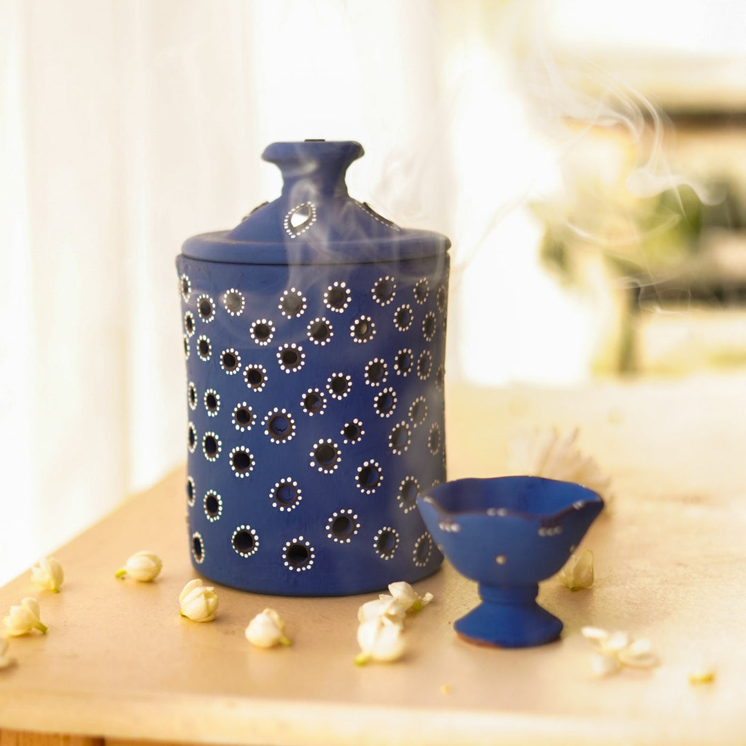 Handmade Blue Jar Terracotta Oil Lamp / Diya