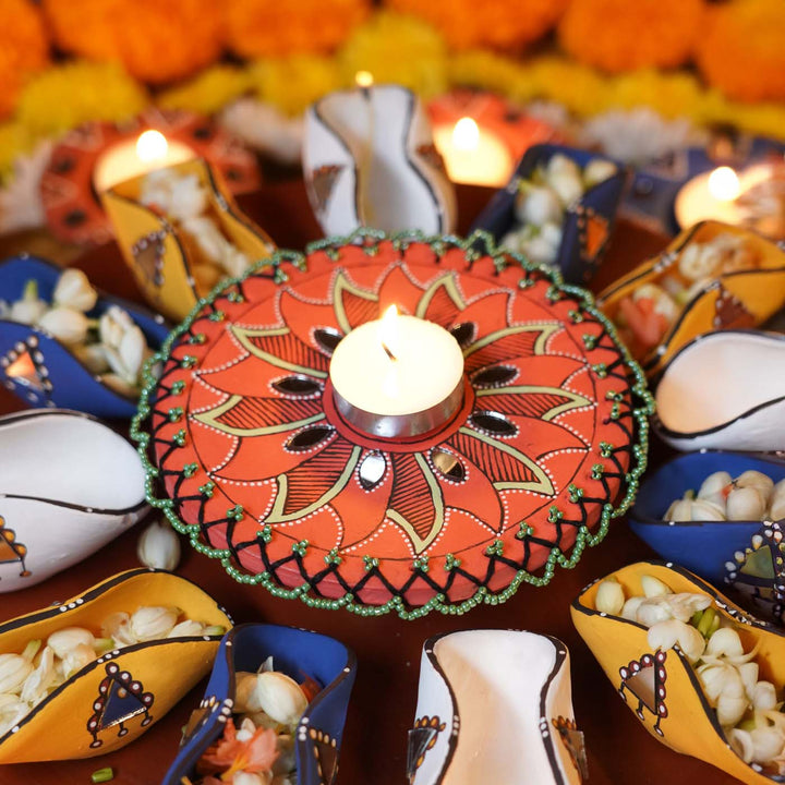 41 pc | Hand-Painted Terracotta Mirror Work Diya & Tealight Holder Rangoli Set for Diwali & Festive Decor
