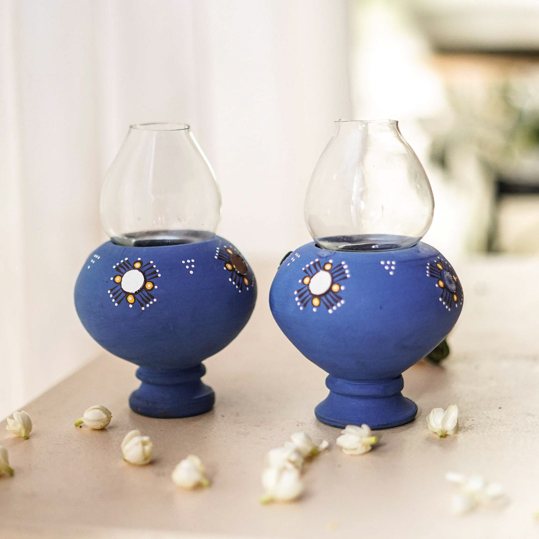 Handmade Persian Blue Terracotta Oil Lamp / Diya | Set Of 2
