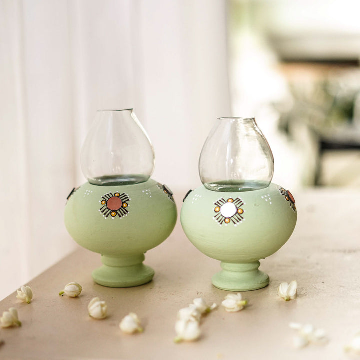 Handmade Light Green Terracotta Oil Lamp / Diya | Set Of 2