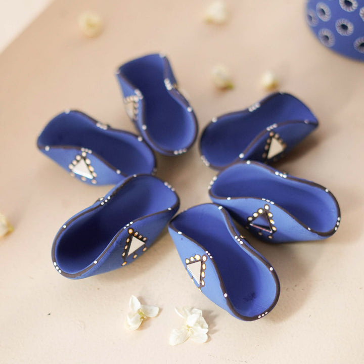 Hand-Painted Blue Chapti Terracotta Oil Lamp / Diya | Set Of 10