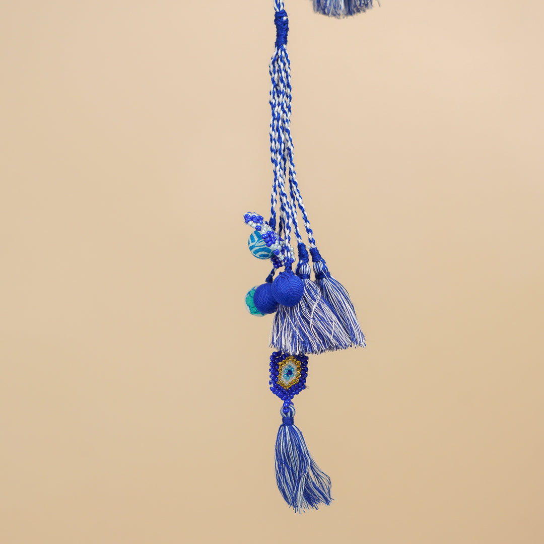 Handmade Reusable Evil Eye Beads And Jhumki Rakhi And Lumba For Bhaiya And Bhabhi - Hanging View Display