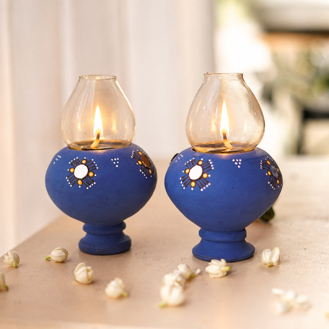 Handmade Persian Blue Terracotta Oil Lamp / Diya | Set Of 2