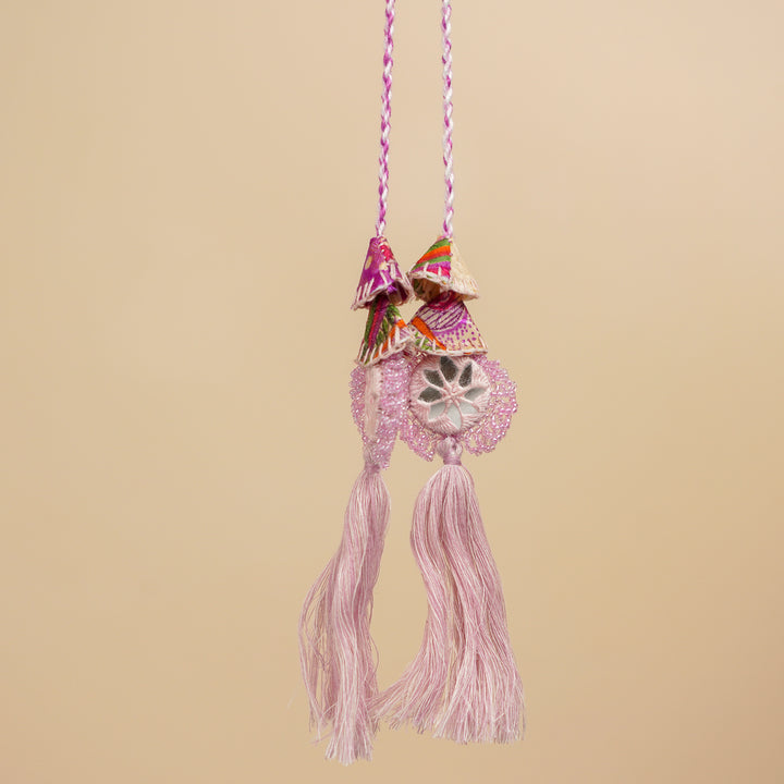 Handmade Reusable Lavender Mirror And Jhumki Rakhi For Bhabhi - Hanging Display View