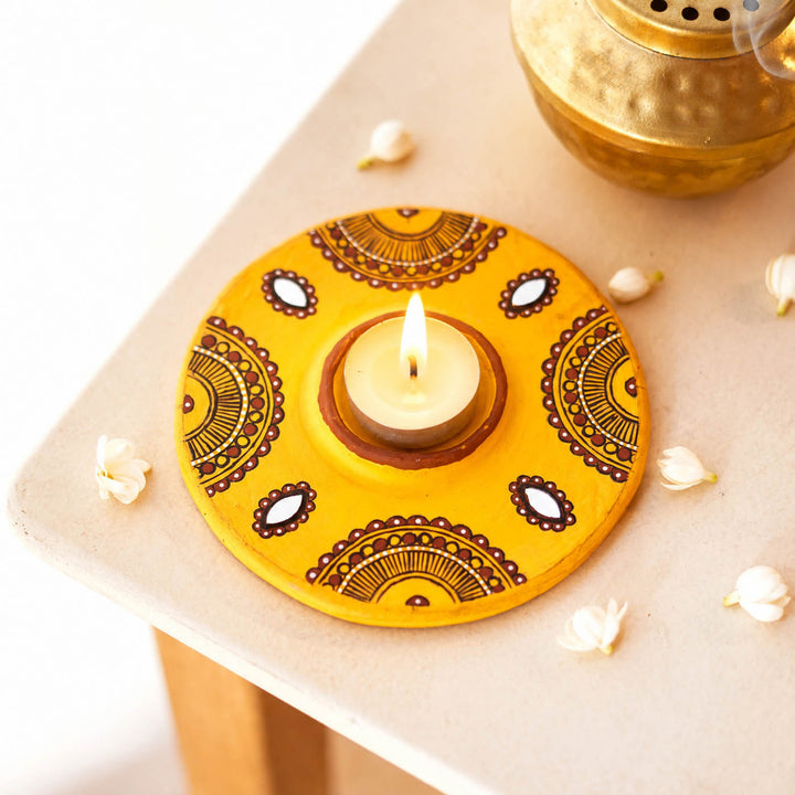 Hand-Painted Multipurpose Terracotta Bloom Light Phoolvati Tealight Holders with Garden Stakes for Garden & Rangoli Decor - Yellow