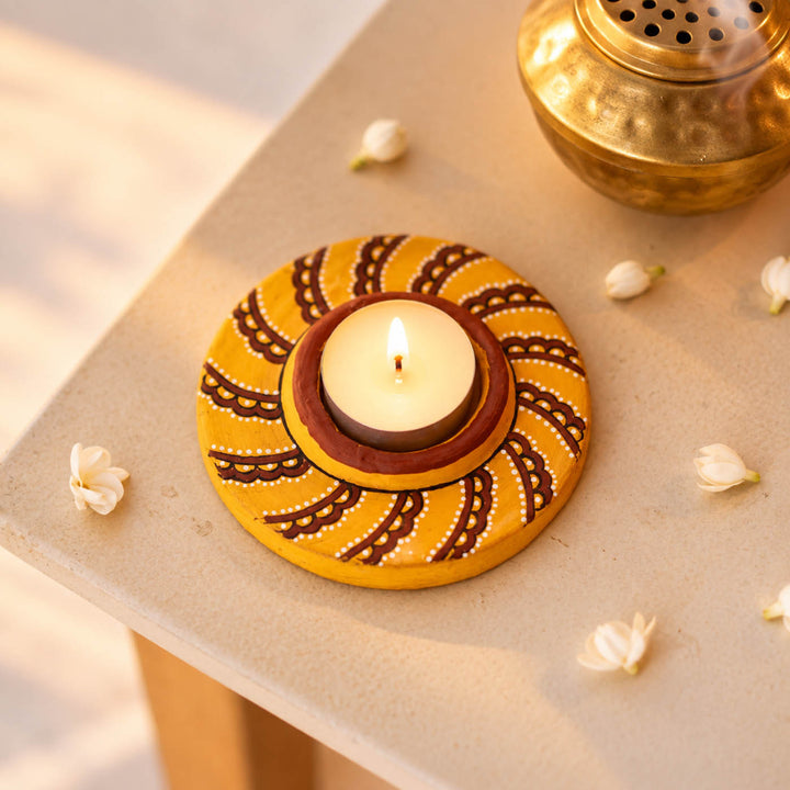 Hand-Painted Multipurpose Terracotta Bloom Light Phoolvati Tealight Holders with Garden Stakes for Garden & Rangoli Decor - Yellow