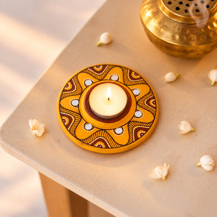 Hand-Painted Multipurpose Terracotta Bloom Light Phoolvati Tealight Holders with Garden Stakes for Garden & Rangoli Decor - Yellow