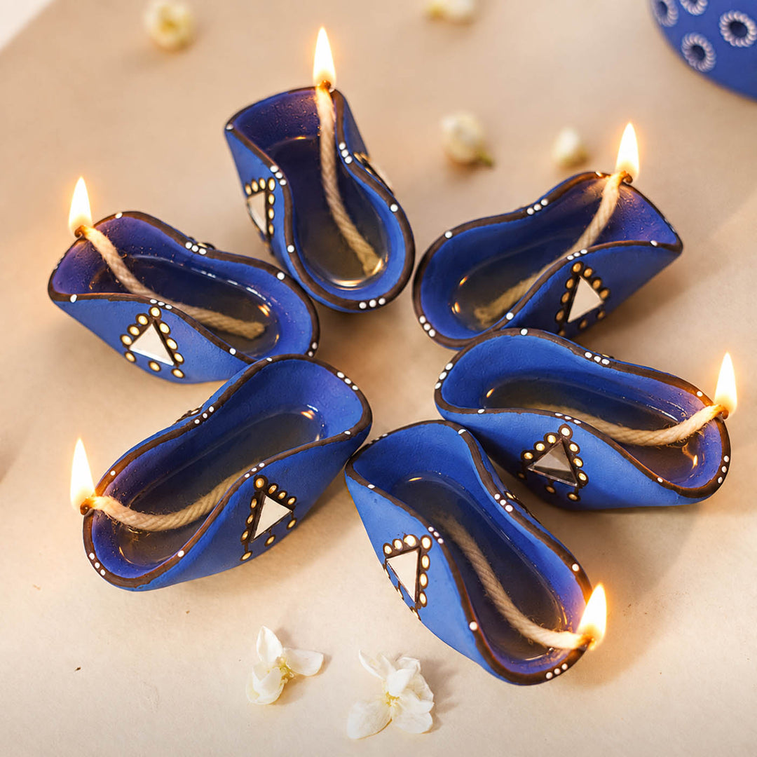 Hand-Painted Blue Chapti Terracotta Oil Lamp / Diya | Set Of 10