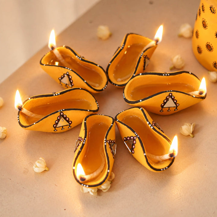 Hand-Painted Yellow Chapti Terracotta Oil Lamp / Diya | Set Of 10
