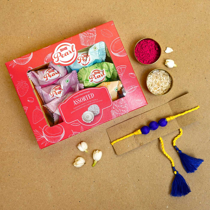 Handmade Bright Yellow Upcycled Fabric  Rakhi  With Roli Chawal