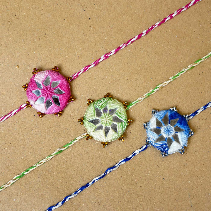 Handmade Mirror Work Kaanha Assorted Colours Cotton Rakhi  With Roli Chawal | Set of 3