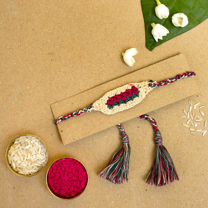 Handmade Crochet Tulip Delight Rakhi With Roli Chawal