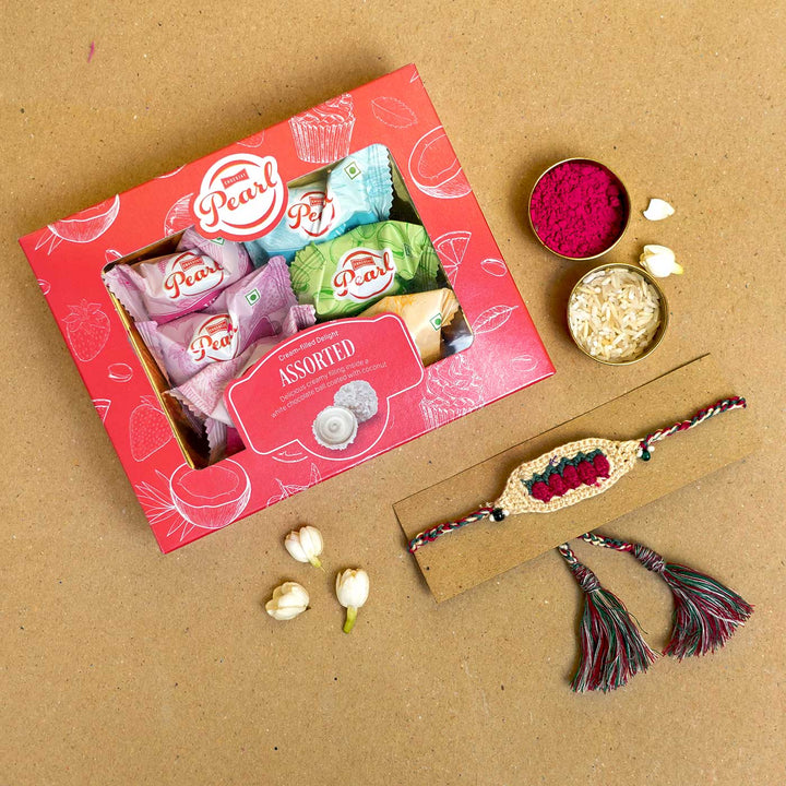 Handmade Crochet Tulip Delight Rakhi With Roli Chawal