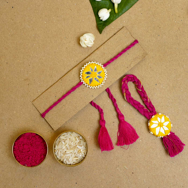Handmade Mirror Work Kajal Yellow-Red Bhaiya Bhabhi Rakhi With Roli Chawal | Set of 2