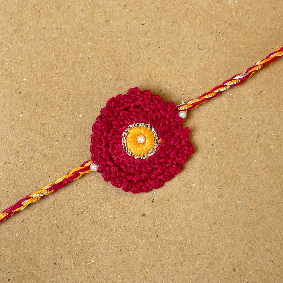 Handmade Crochet Floral Fushion Rakhi With Roli Chawal