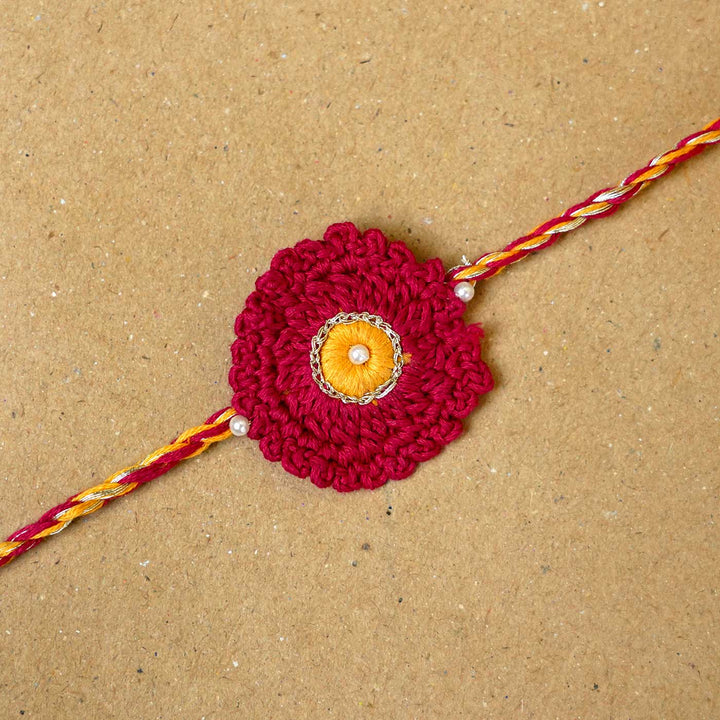 Handmade Crochet Floral Fushion Rakhi With Roli Chawal