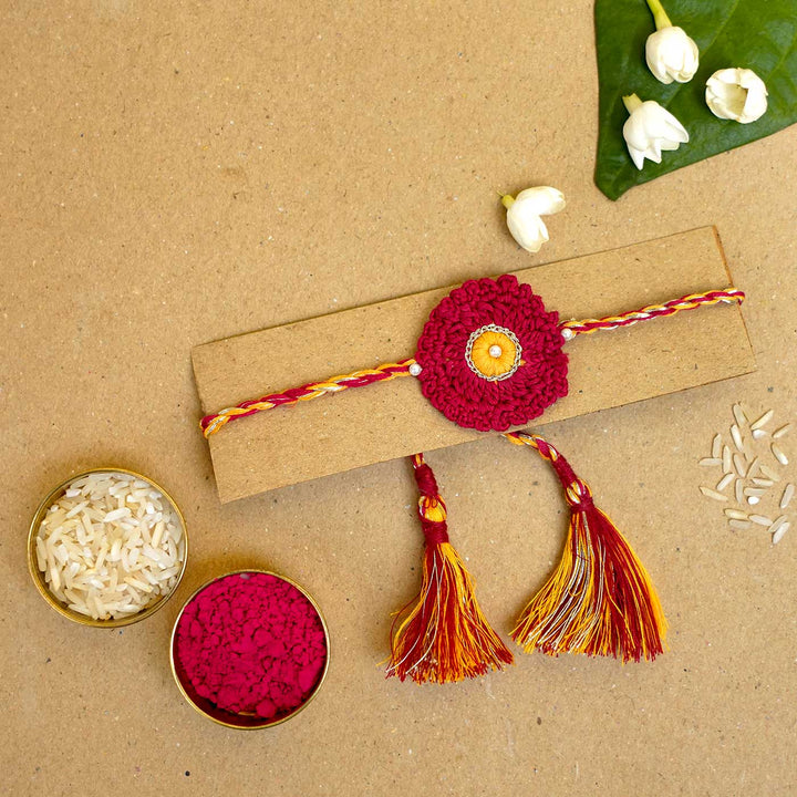 Handmade Crochet Floral Fushion Rakhi With Roli Chawal
