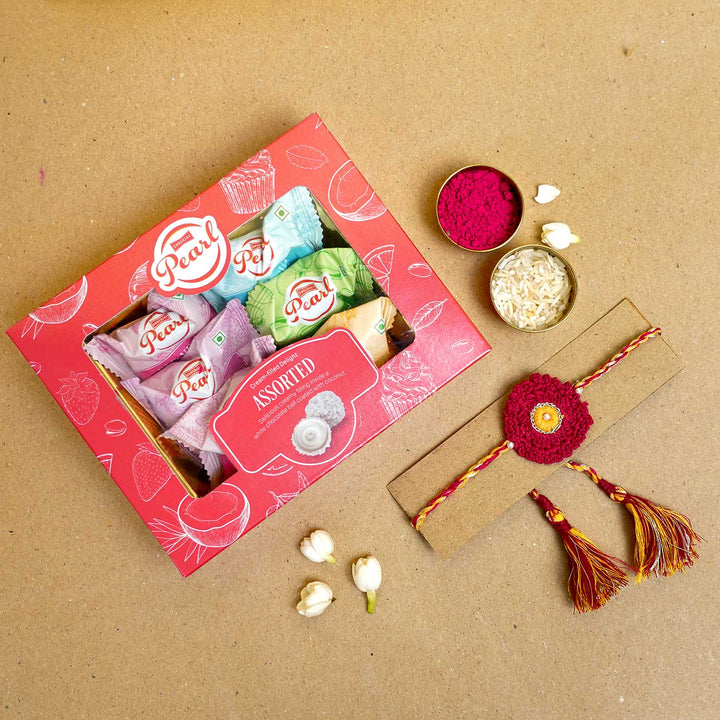Handmade Crochet Floral Fushion Rakhi With Roli Chawal