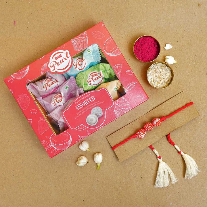 Handmade Red Upcycled Fabric Rakhi With Roli Chawal - Rakhi with sweets and decorative elements