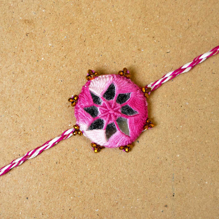 Handmade Mirror Work Kaanha Ombre Pink Cotton Rakhi  With Roli Chawal