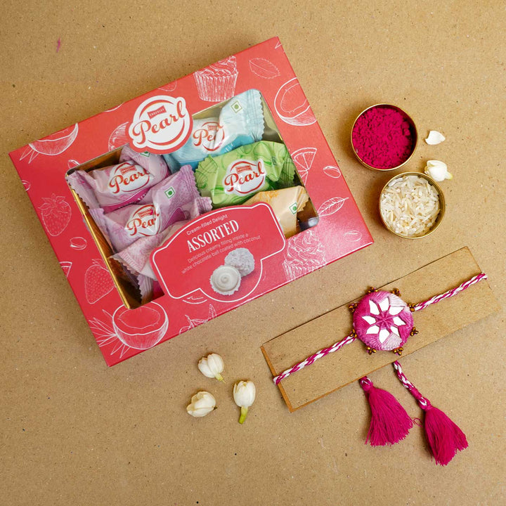 Handmade Mirror Work Kaanha Ombre Pink Cotton Rakhi  With Roli Chawal