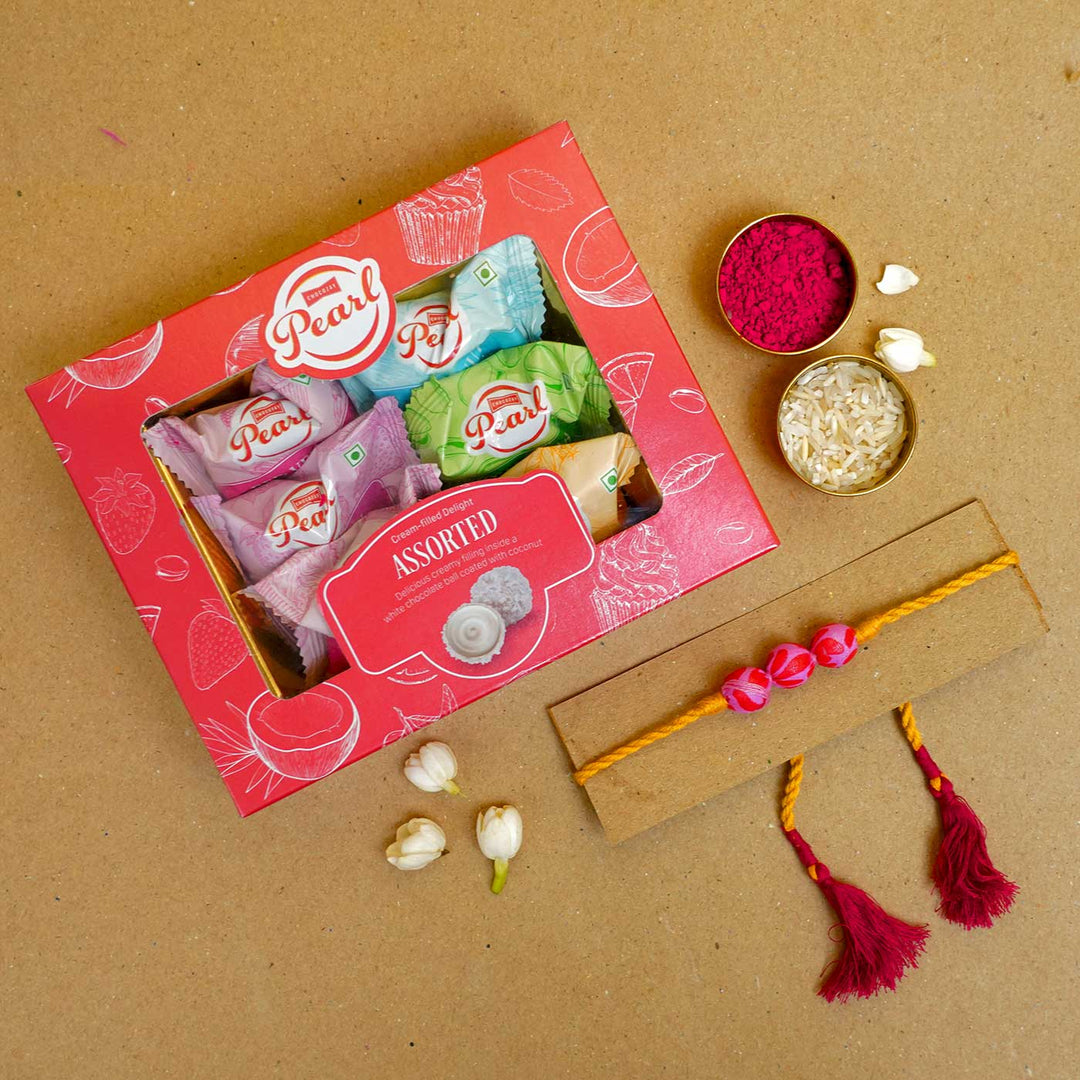 Handmade Ochre Upcycled Fabric  Rakhi  With Roli Chawal