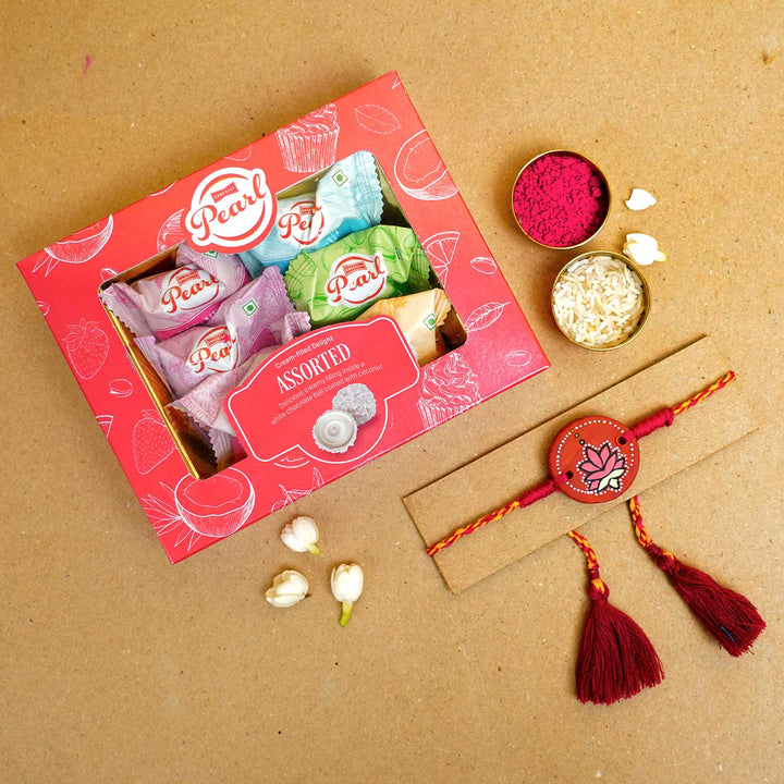 Hand-painted Kamal Terracotta Rakhi  With Roli Chawal