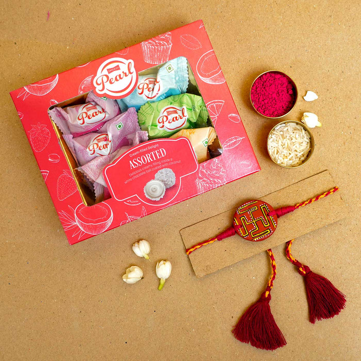 Hand-painted Swastik Terracotta Rakhi  With Roli Chawal