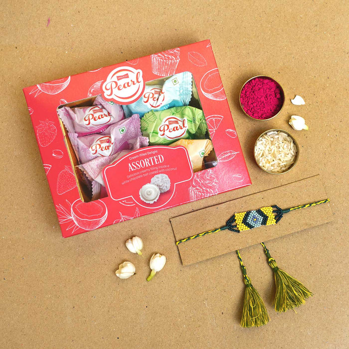 Handmade Beaded Protector Rakhi  With Roli Chawal