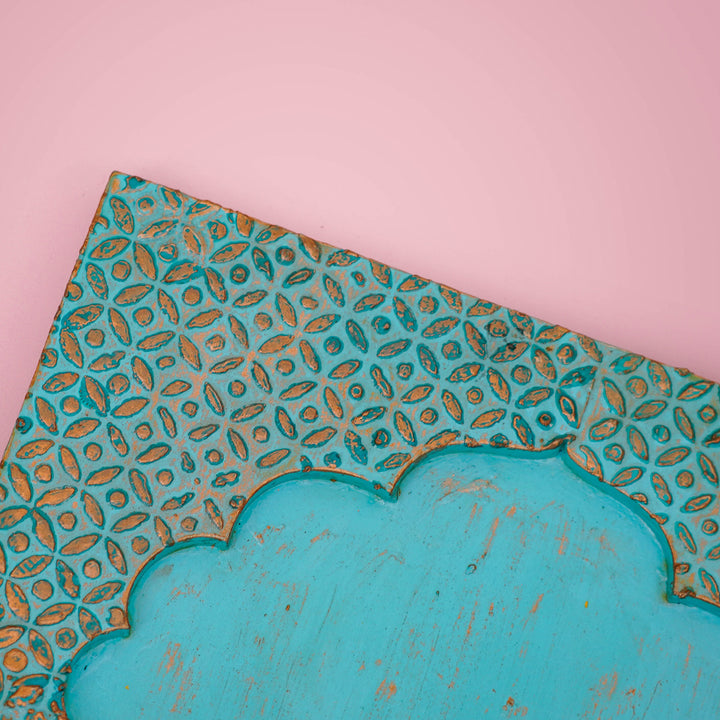 Handcrafted Jharokha Personalized Pinewood Distressed Name Plate - Top Corner Close-up View