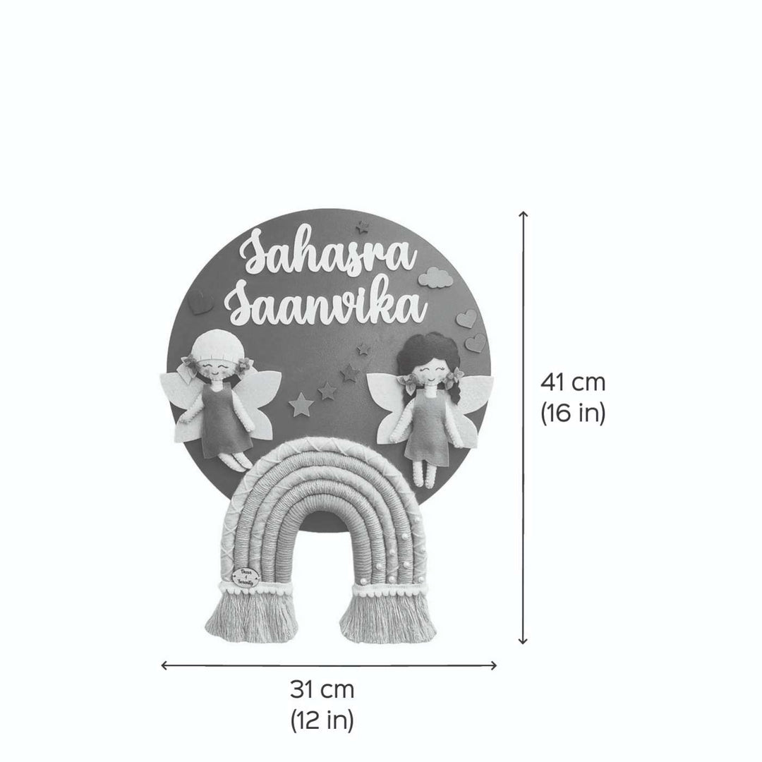 Personalized Handmade Fairy Mdf Wood Kids Name Plate With 3D Letters For Siblings - Dimension Chart with Front View