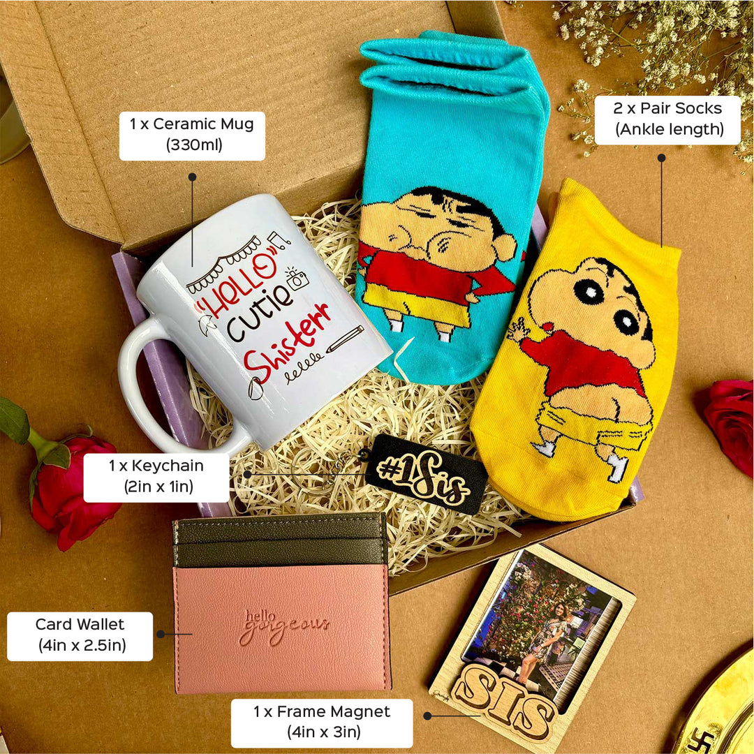 Photo Personalized Sinchan Theme Gift Hamper For Sisters | Includes 2 Pair Socks, 1 Keychain, 1 Mug, 1 Fridge Magnet & 1 Card Wallet