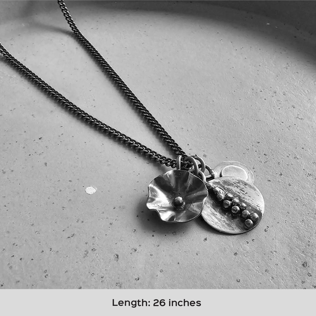 Handmade Button, Oval And Flower Pendant Necklace