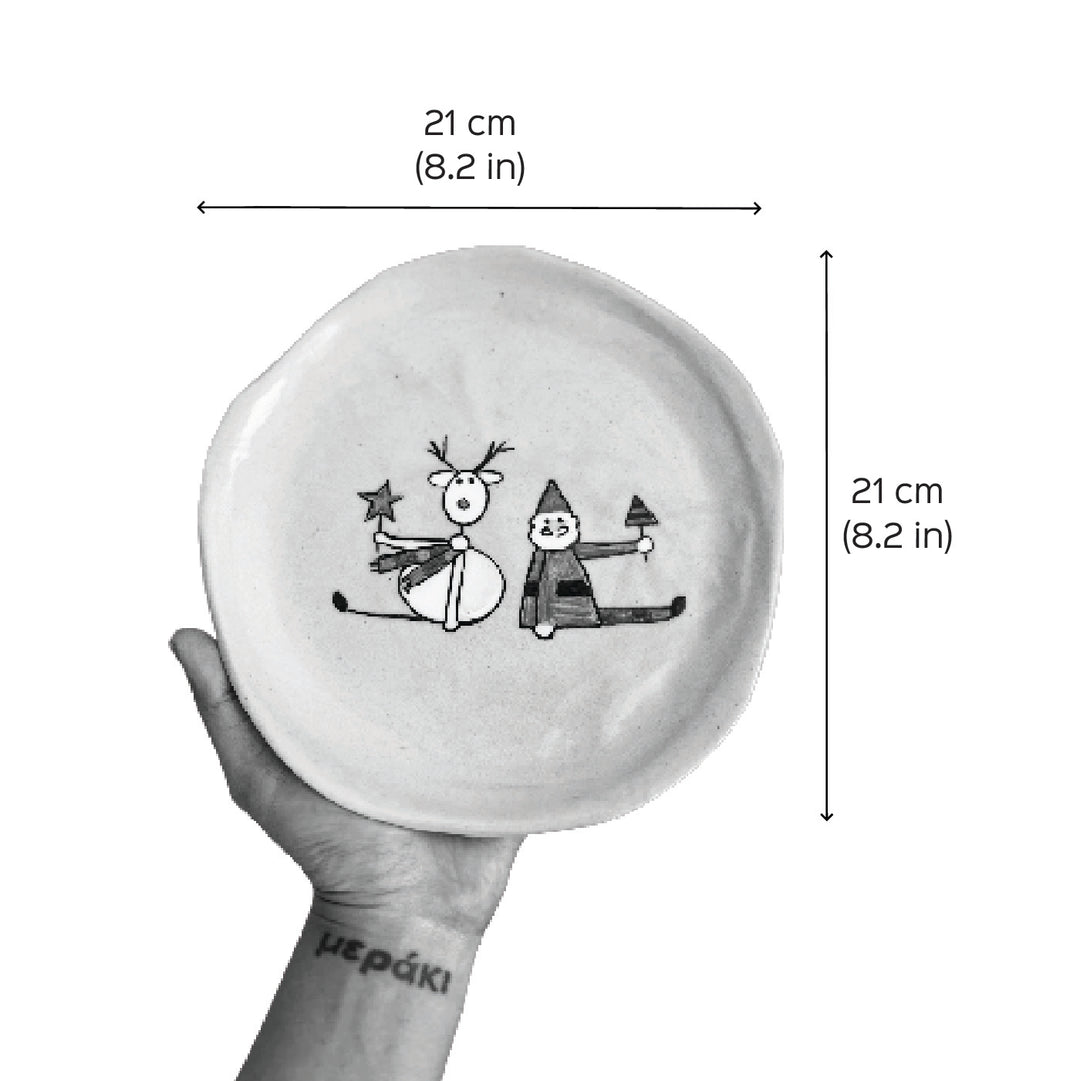 Handmade Christmas Santa & Reindeer Illustration 7 Inch Ceramic Plate | Set Of 2