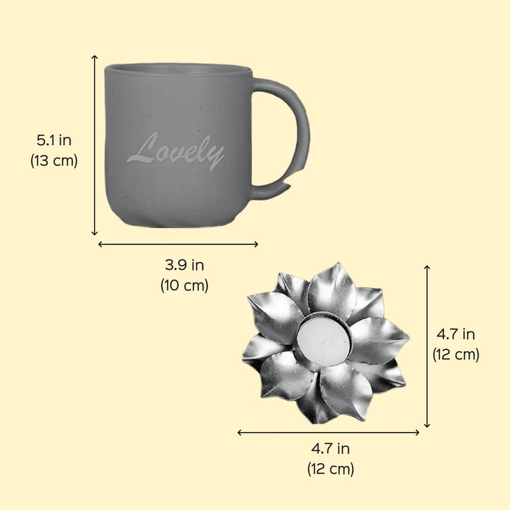 Personalized Diwali Gift Hamper | Includes 1 Ceramic Mug, 3 Dry Fruit Potlis, 1 Golden Diya, 1 Greeting Card